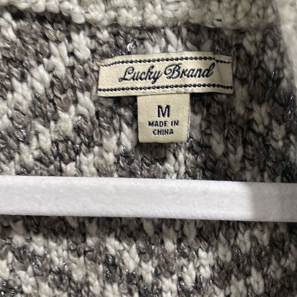 Lucky Brand Grey Cream and Brown Collared Open Front Wool Blend Cardigan- Medium - Picture 2 of 8